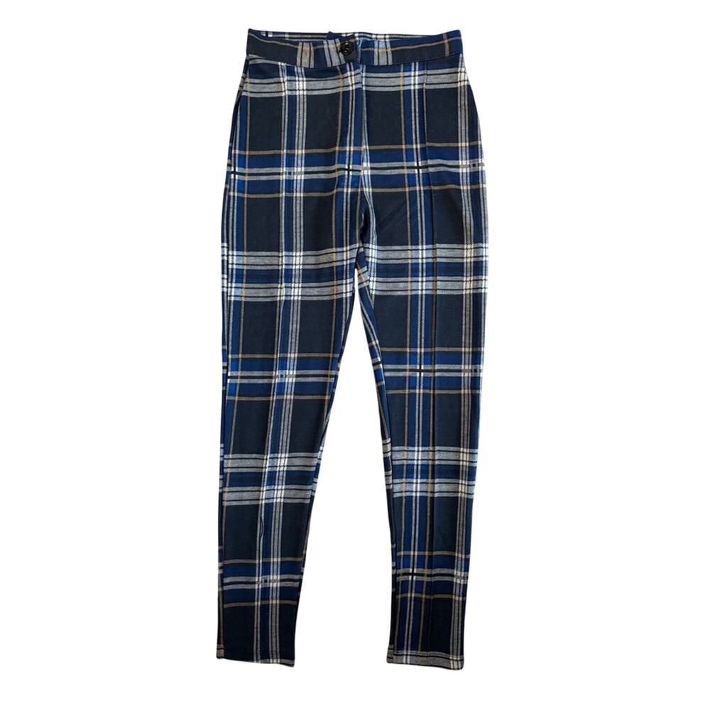 Free People Blue Plaid Knit Womens Stretch Pants Sz 2 Preppy Academia